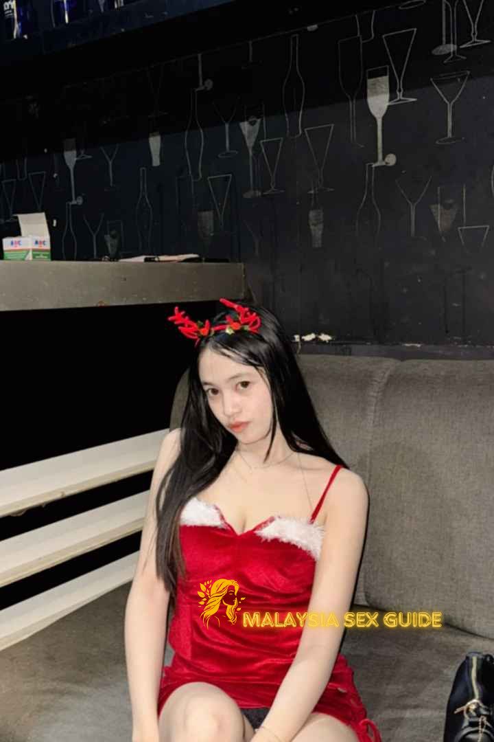 Attractive young woman in a red Christmas dress.