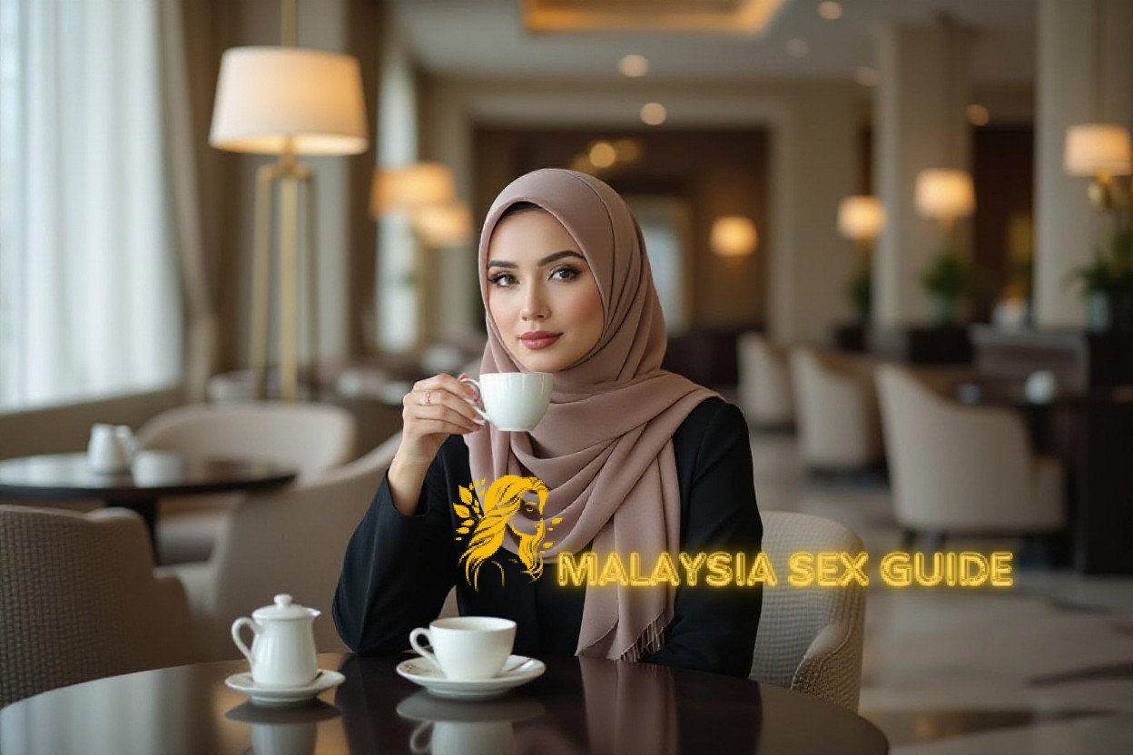 Elegant woman in hijab sips tea in a luxurious cafe setting.