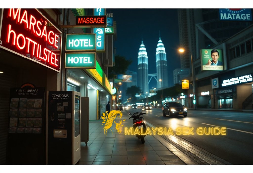 Night scene in Kuala Lumpur featuring the Petronas Towers, street signage, and a parked motorbike.