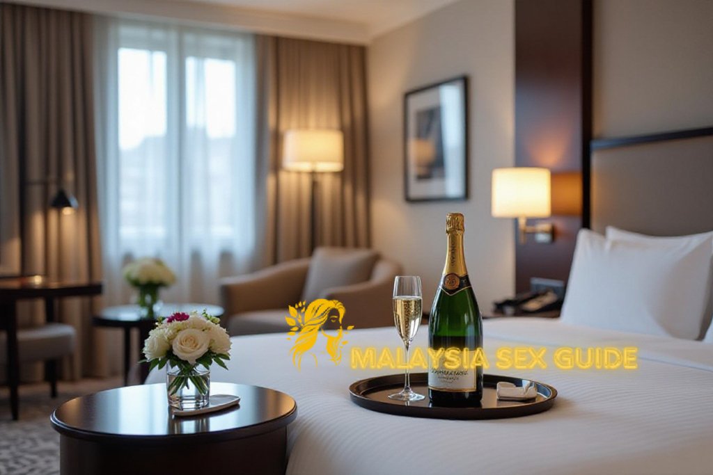 Cozy hotel room with champagne and flowers on a bed