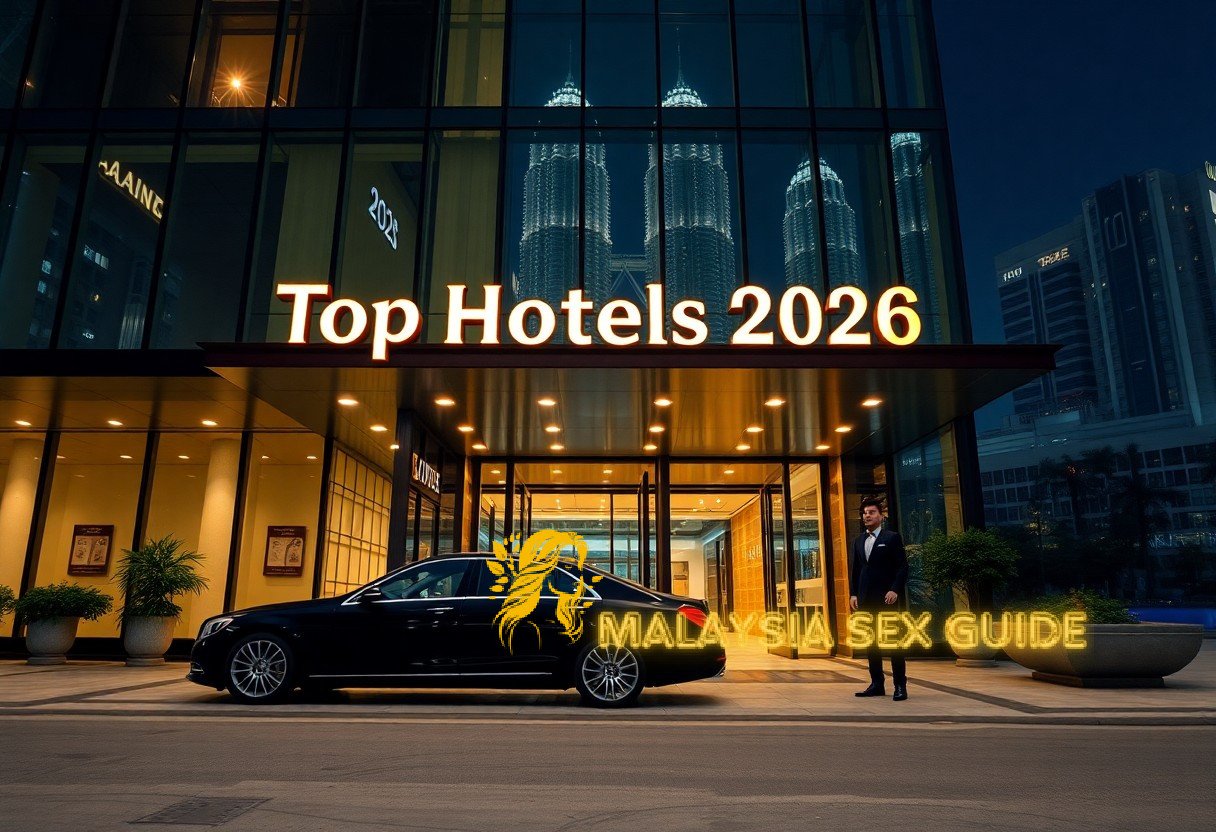 Top Hotels 2026 entrance with a luxury car and the Petronas Towers in the background.