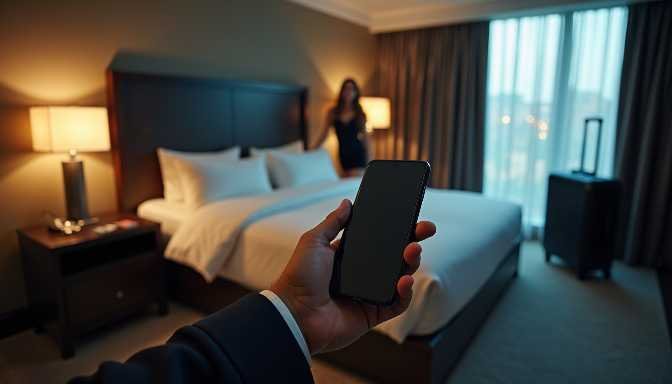 Man holding smartphone in luxury hotel room with woman in background
