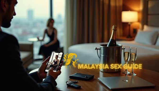 Man photographs woman in hotel room with champagne, Bukit Bintang escort theme.