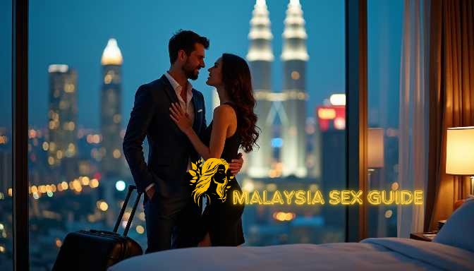 Couple in hotel room overlooking Kuala Lumpur skyline at night