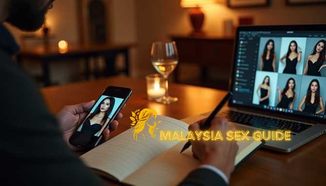 Man on laptop and phone with escort photos, writing in notebook
